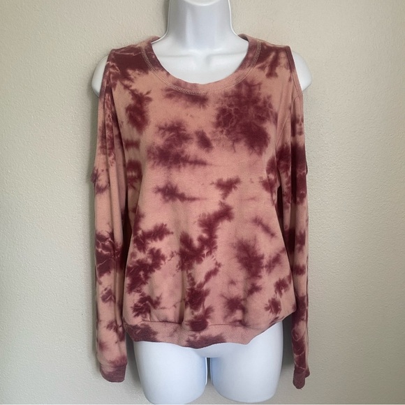 Sky & Sparrow Cold Shoulder Tie-Dye Sweatshirt Maroon Pink Pullover 50% Cotton - Picture 8 of 9